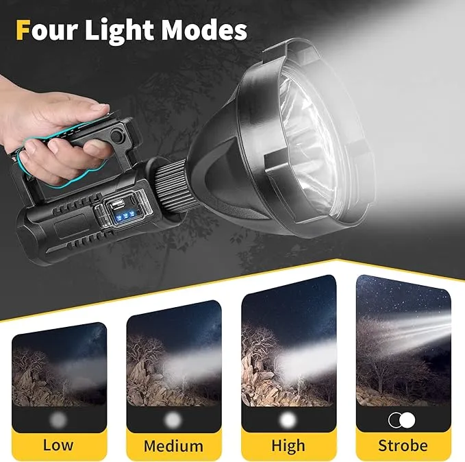Superbright Big Size Rechargeable LED Handheld Flashlight Spotlight 4 Modes High Power Portable Waterproof Searchlight for Camping Hunting Outdoor (P90 Large Size)