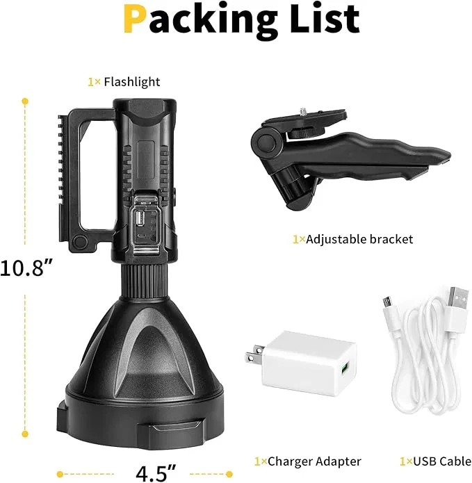 Superbright Big Size Rechargeable LED Handheld Flashlight Spotlight 4 Modes High Power Portable Waterproof Searchlight for Camping Hunting Outdoor (P90 Large Size)