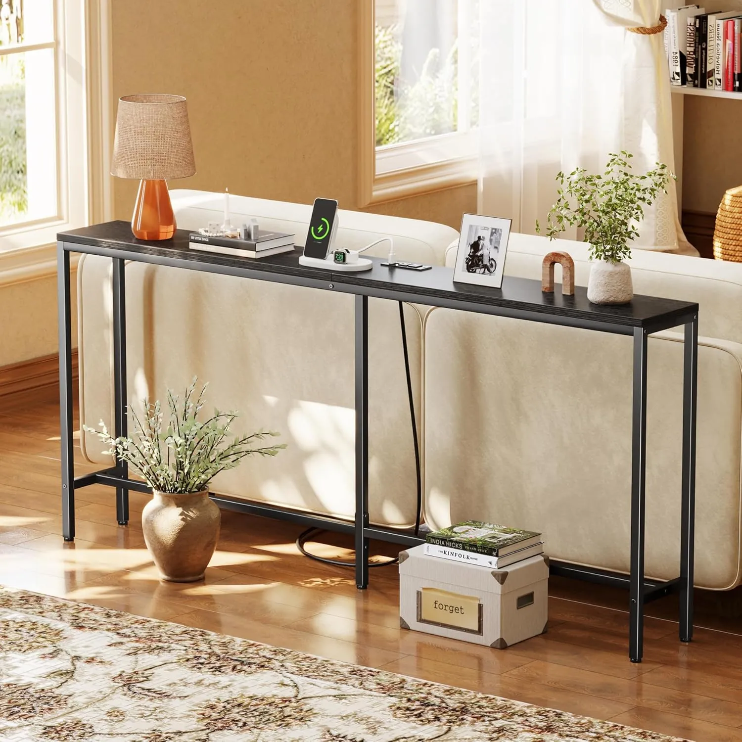 SUPERJARE 70 Inch Console Table with Outlet, Sofa Table with Charging Station, Narrow Entryway Table, Skinny Hallway Table, Behind Couch Table, for Living Room, Black