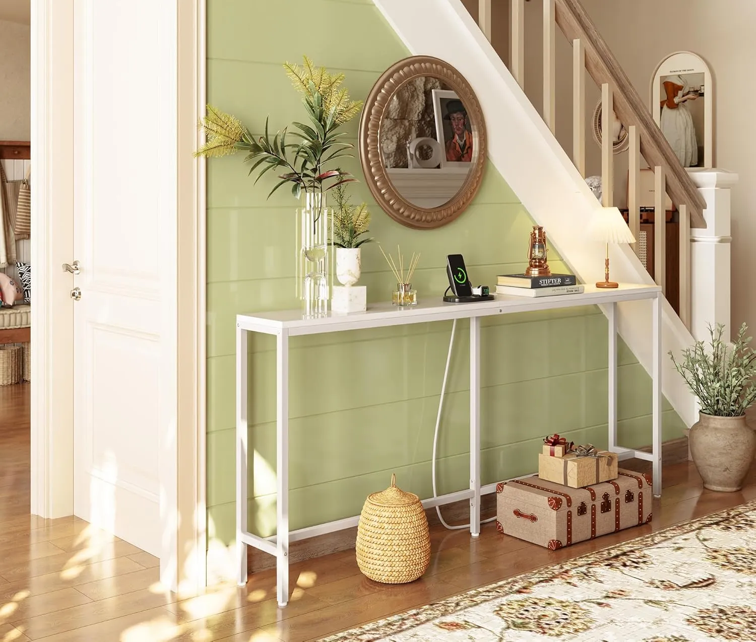 SUPERJARE 70 Inch Console Table with Outlet, Sofa Table with Charging Station, Narrow Entryway Table, Skinny Hallway Table, Behind Couch Table, for Living Room, White