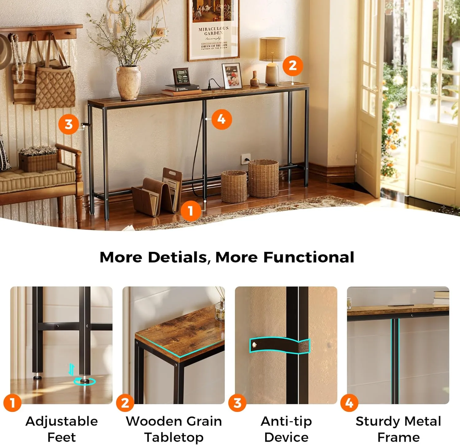 SUPERJARE 70 Inch Console Table with Outlet, Sofa Table with Charging Station, Narrow Entryway Table, Skinny Hallway Table, for Living Room, Rustic Brown