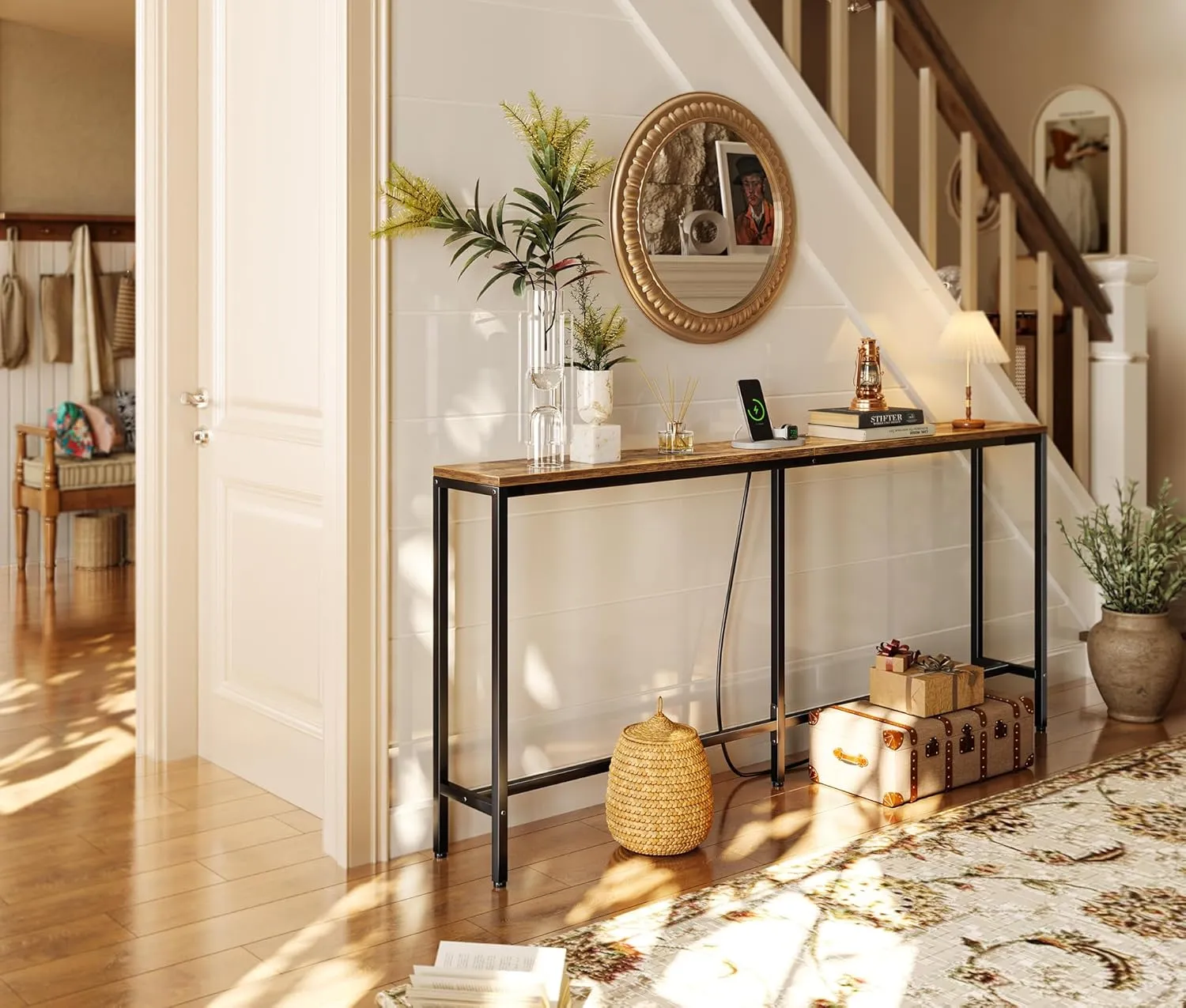SUPERJARE 70 Inch Console Table with Outlet, Sofa Table with Charging Station, Narrow Entryway Table, Skinny Hallway Table, for Living Room, Rustic Brown