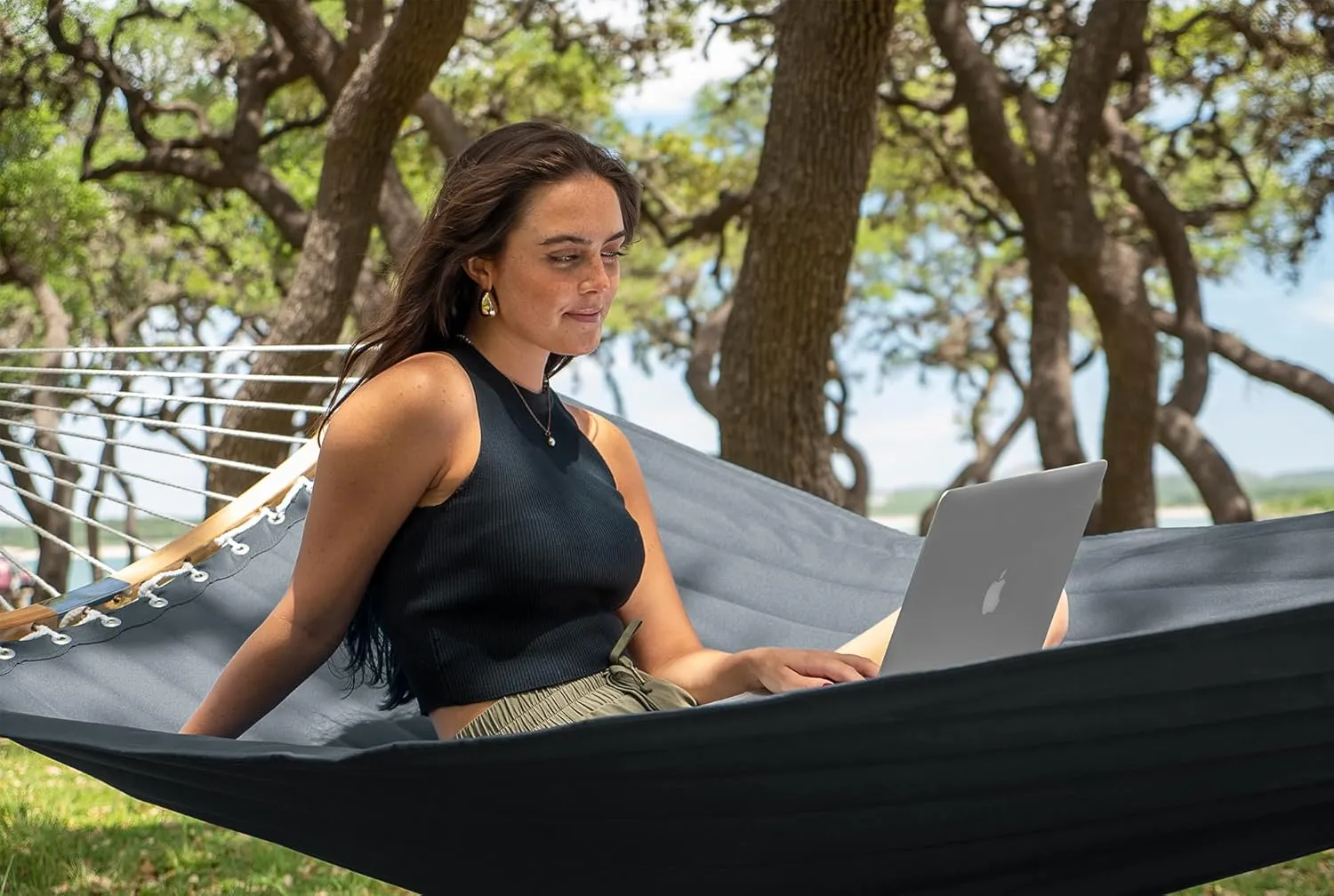 SUPERJARE Hammock with Stand, 2 Person Heavy Duty Hammock with Padded Cotton, Detachable Pillow & Strong Curved-Bar & Portable Carrying Bag, Perfect for Outdoor & Indoor, Neutral Gray