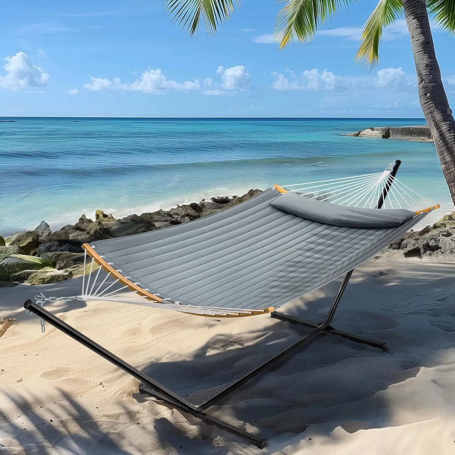 SUPERJARE Hammock with Stand, 2 Person Heavy Duty Hammock with Padded Cotton, Detachable Pillow & Strong Curved-Bar & Portable Carrying Bag, Perfect for Outdoor & Indoor, Neutral Gray
