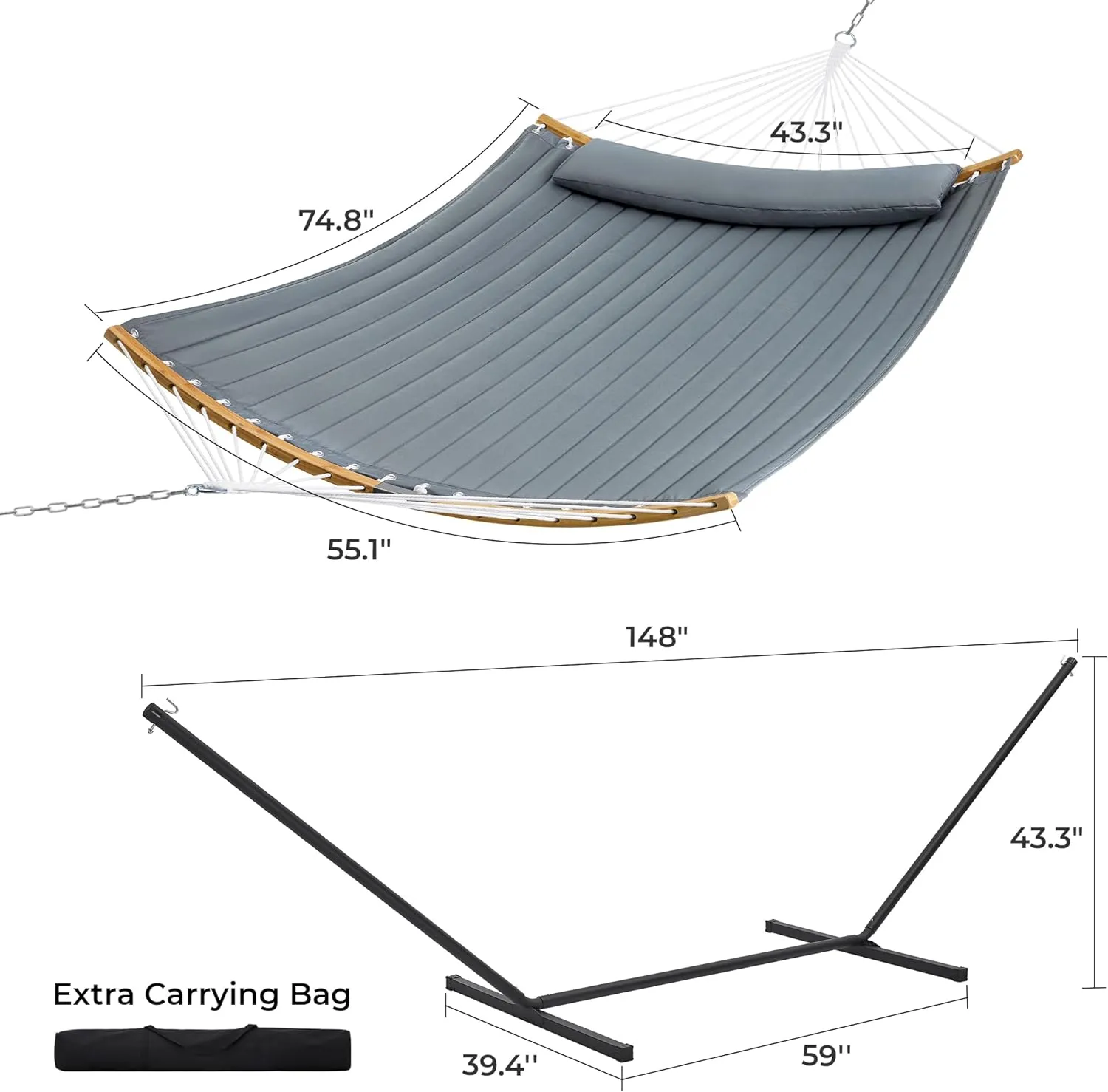 SUPERJARE Hammock with Stand, 2 Person Heavy Duty Hammock with Padded Cotton, Detachable Pillow & Strong Curved-Bar & Portable Carrying Bag, Perfect for Outdoor & Indoor, Neutral Gray