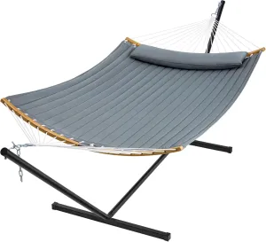 SUPERJARE Hammock with Stand, 2 Person Heavy Duty Hammock with Padded Cotton, Detachable Pillow & Strong Curved-Bar & Portable Carrying Bag, Perfect for Outdoor & Indoor, Neutral Gray