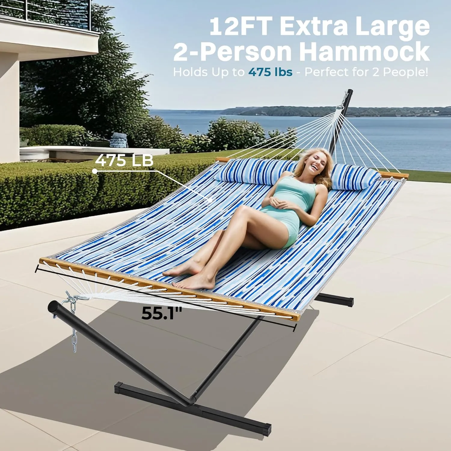 SUPERJARE Hammock with Stand, 2 Person Quilted Outdoor Hammock, Detachable Pillow & Bamboo Spreaders, Portable Hammock with Carrying Bag, Heavy Duty Stand, Perfect for Outside, Patio, Graffiti Blue