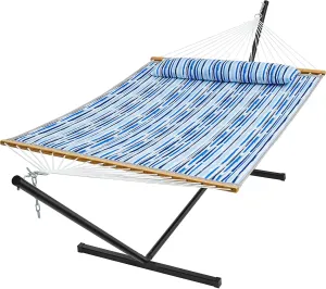 SUPERJARE Hammock with Stand, 2 Person Quilted Outdoor Hammock, Detachable Pillow & Bamboo Spreaders, Portable Hammock with Carrying Bag, Heavy Duty Stand, Perfect for Outside, Patio, Graffiti Blue