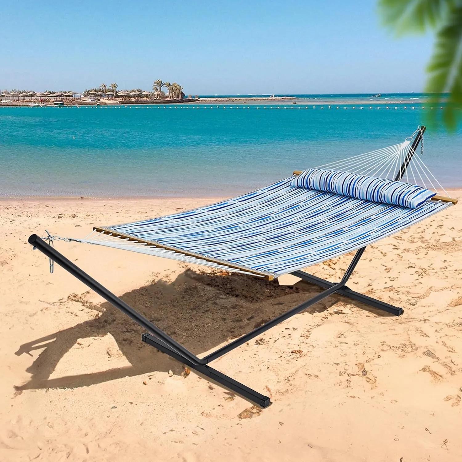 SUPERJARE Hammock with Stand, 2 Person Quilted Outdoor Hammock, Detachable Pillow & Bamboo Spreaders, Portable Hammock with Carrying Bag, Heavy Duty Stand, Perfect for Outside, Patio, Graffiti Blue