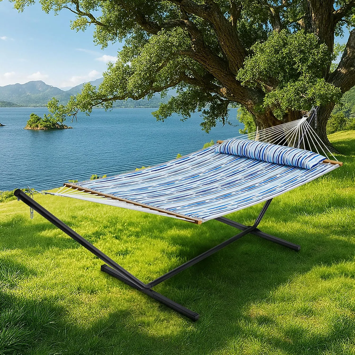SUPERJARE Hammock with Stand, 2 Person Quilted Outdoor Hammock, Detachable Pillow & Bamboo Spreaders, Portable Hammock with Carrying Bag, Heavy Duty Stand, Perfect for Outside, Patio, Graffiti Blue