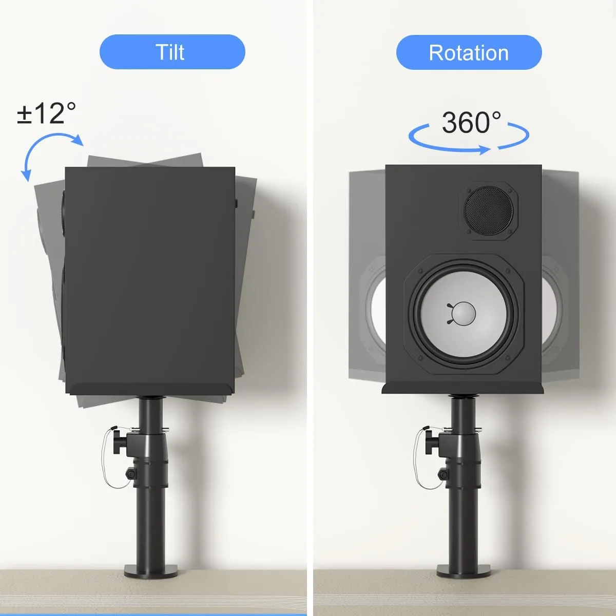 suptek Clamp-on Speaker Stand Desk Mount Set, Height Adjustment, Tilt, Swivel, 9.6 x 8.8 inch Trays, Universal Audio Holders for Computer and Bookshelf Speakers, Elevated Sound, 2 Pack, Black, SDM001B