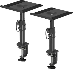 suptek Clamp-on Speaker Stand Desk Mount Set, Height Adjustment, Tilt, Swivel, 9.6 x 8.8 inch Trays, Universal Audio Holders for Computer and Bookshelf Speakers, Elevated Sound, 2 Pack, Black, SDM001B