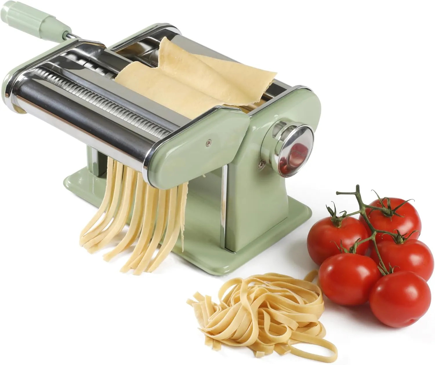 Sur La Table Kitchen Essential Pasta La Vista Manual Pasta Maker Machine Noodle Maker w/Rollers & Cutters - Spaghetti, Fettuccini, Lasagna or Dumpling Skin - Stainless Steel/Juniper Green