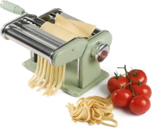 Sur La Table Kitchen Essential Pasta La Vista Manual Pasta Maker Machine Noodle Maker w/Rollers & Cutters - Spaghetti, Fettuccini, Lasagna or Dumpling Skin - Stainless Steel/Juniper Green