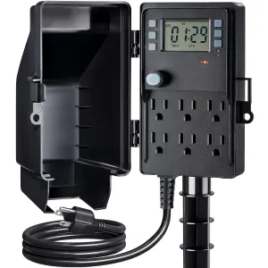 SURAIELEC Outdoor Power Stake, 7-Day Programmable Digital Timer, Power Strip Weatherproof, 6 Multi Plug Electrical Outlet Waterproof, 6FT Extension Cord, for Outside Yard Light, Halloween Decorations