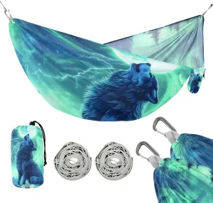susiyo Portable Camping Hammock Majestic Wolf Printed Lightweight Hammock Comfortable Travel Swing with Tree Straps for Camping Hiking Backpacking Travel or Beach - Up to 330lbs