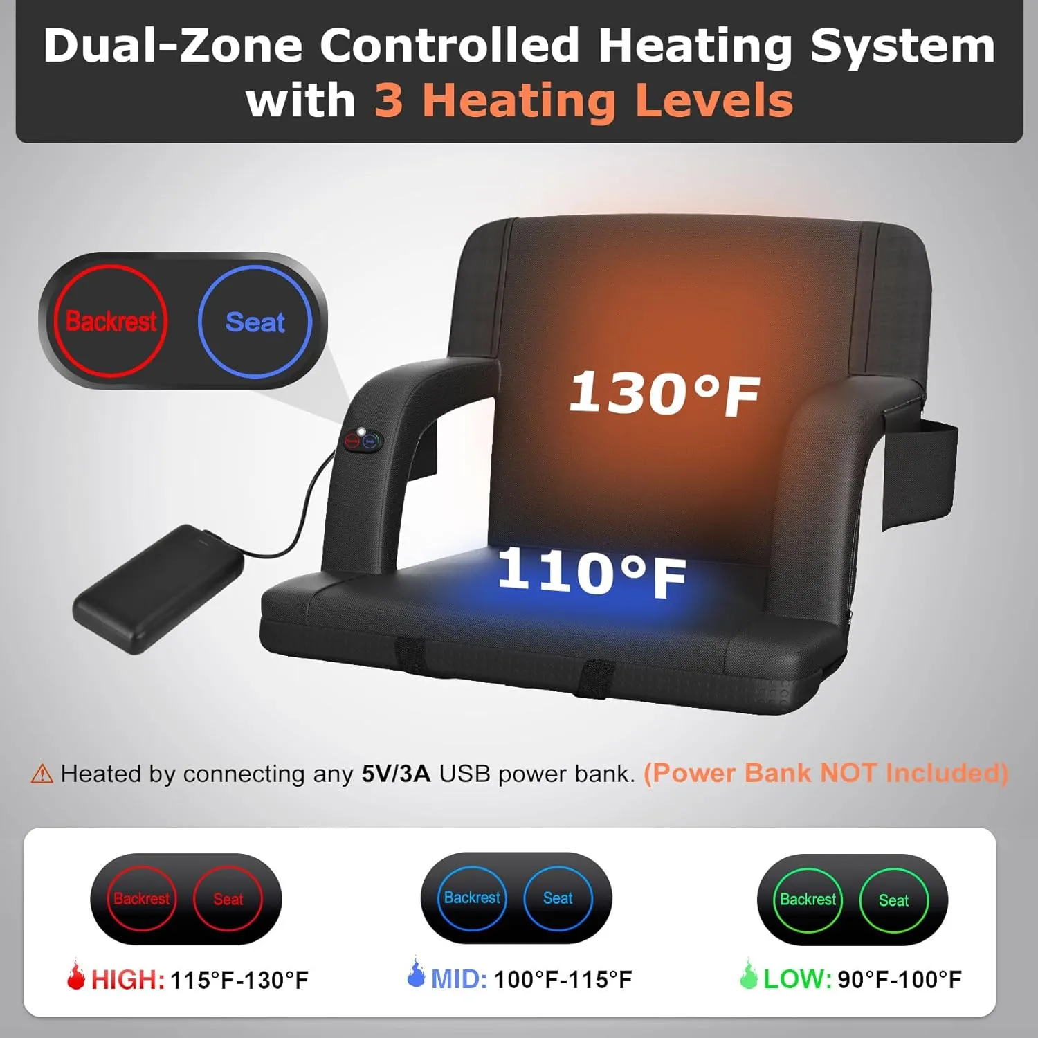 Suteck Dual-Sided Heated Stadium Seats for Bleachers with Back Support, Portable Heated Bleacher Seat with Backrest, 3 Heat Levels, 5 Pockets – Ideal for Outdoor Stadiums and Events - Black