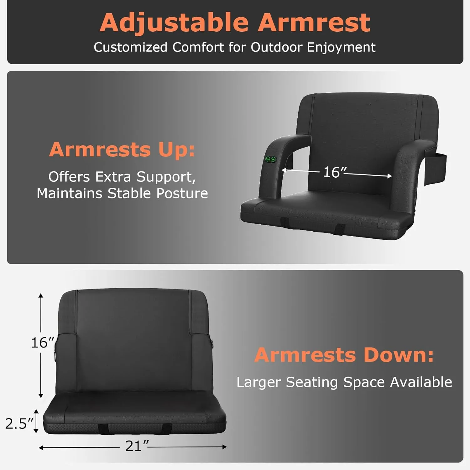 Suteck Dual-Sided Heated Stadium Seats for Bleachers with Back Support, Portable Heated Bleacher Seat with Backrest, 3 Heat Levels, 5 Pockets – Ideal for Outdoor Stadiums and Events - Black