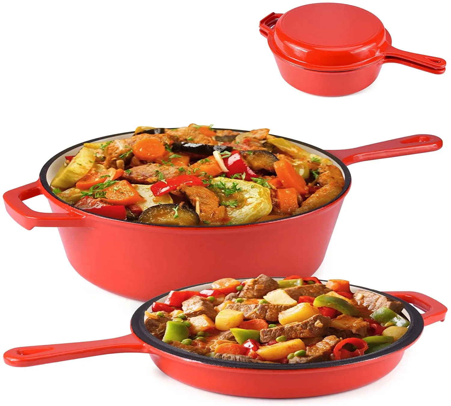 Suteck Enameled Cast Iron 2-In-1 Skillet Set, Heavy Duty 3.2 Quart Enamel Cookware Pot and Lid Set, Deep Saucepan and Shallow Skillet Dutch Oven Nonstick Frying Pan for Chef Kitchen (Blue)
