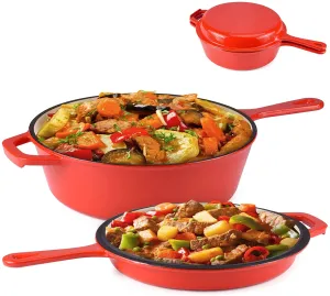 Suteck Enameled Cast Iron 2-In-1 Skillet Set, Heavy Duty 3.2 Quart Enamel Cookware Pot and Lid Set, Deep Saucepan and Shallow Skillet Dutch Oven Nonstick Frying Pan for Chef Kitchen (Blue)