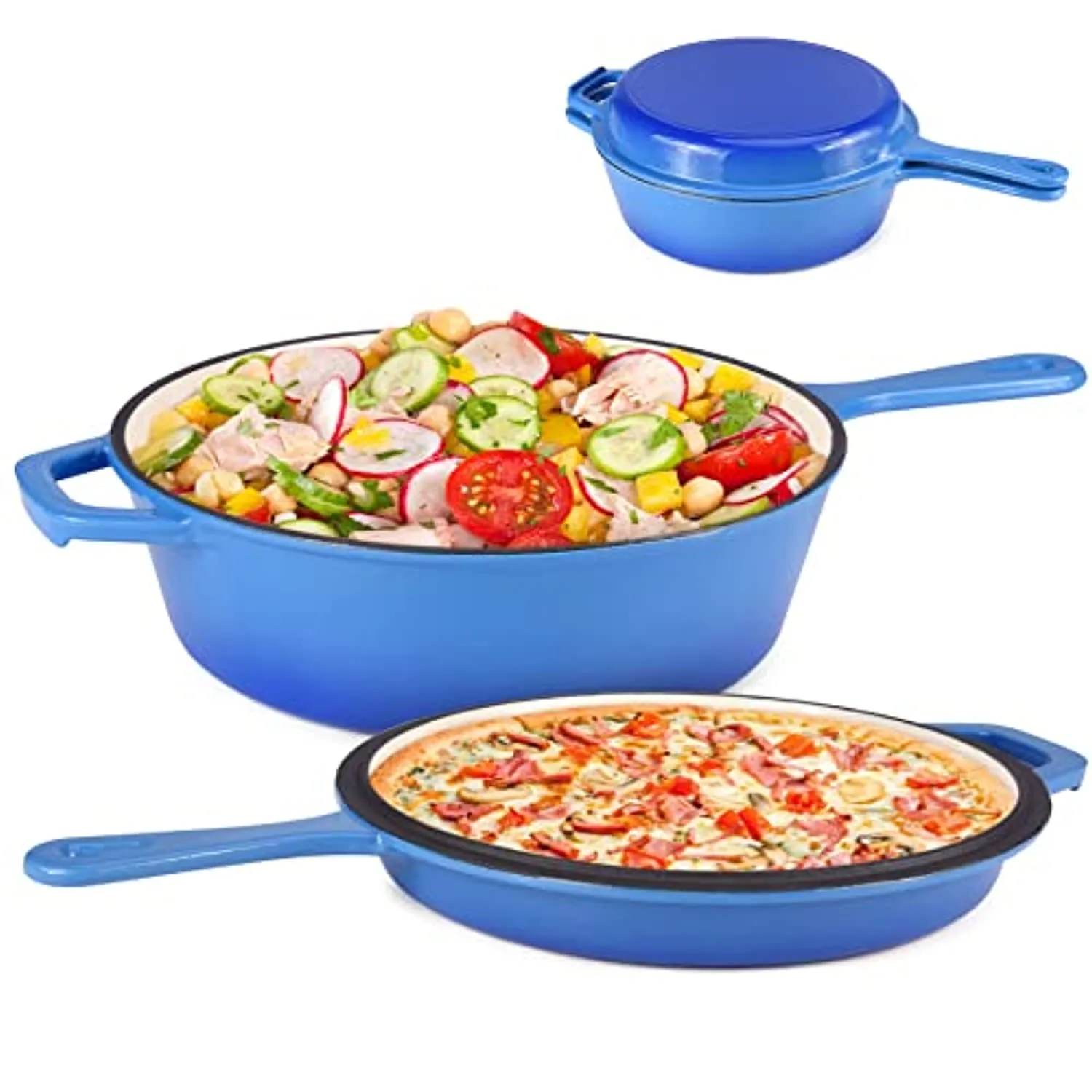 Suteck Enameled Cast Iron 2-In-1 Skillet Set, Heavy Duty 3.2 Quart Enamel Cookware Pot and Lid Set, Deep Saucepan and Shallow Skillet Dutch Oven Nonstick Frying Pan for Chef Kitchen (Blue)