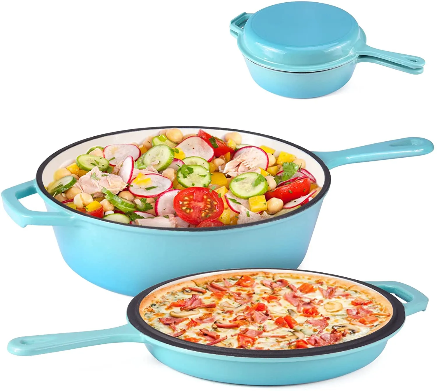 Suteck Enameled Cast Iron 2-In-1 Skillet Set, Heavy Duty 3.2 Quart Enamel Cookware Pot and Lid Set, Deep Saucepan and Shallow Skillet Dutch Oven Nonstick Frying Pan for Chef Kitchen (Blue)