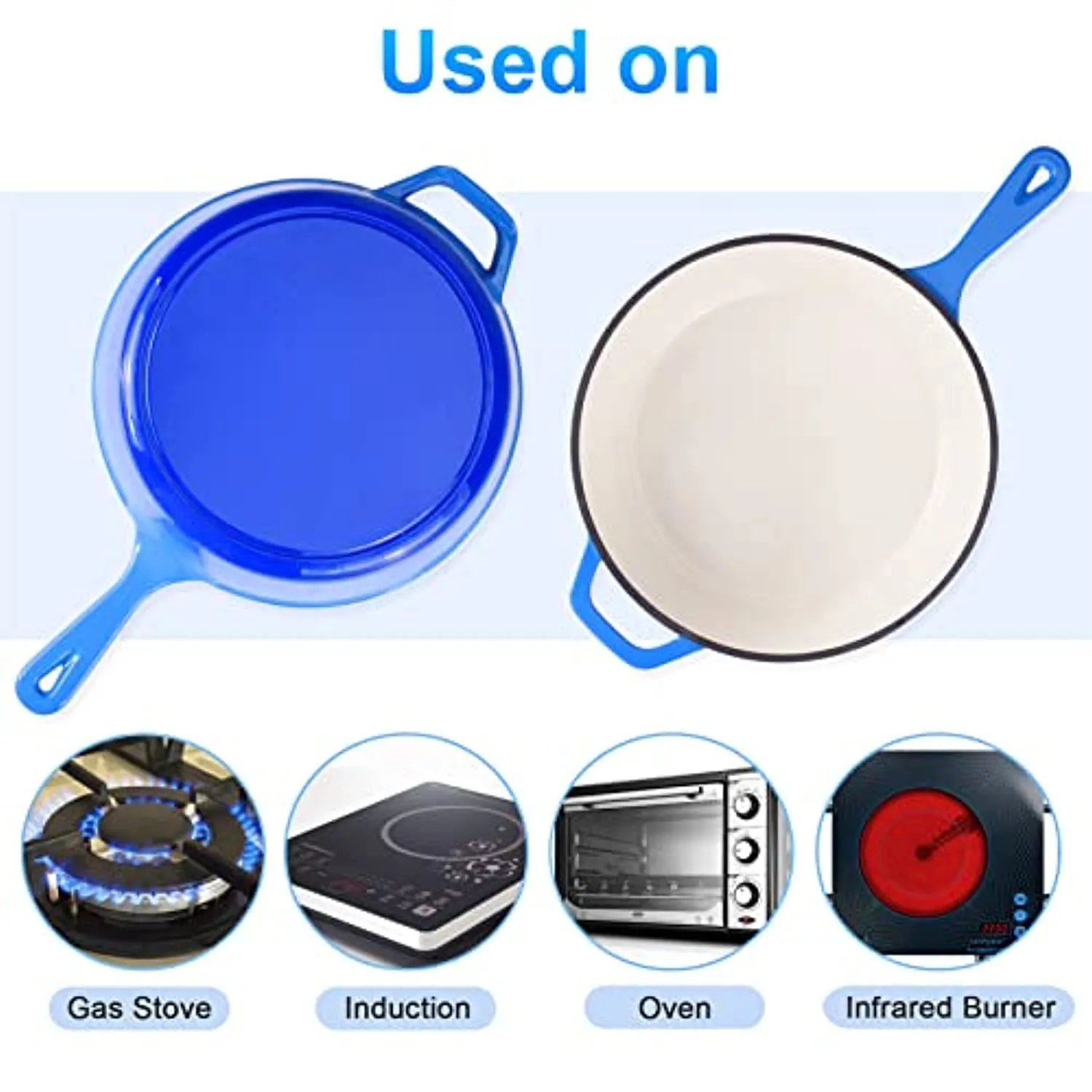 Suteck Enameled Cast Iron 2-In-1 Skillet Set, Heavy Duty 3.2 Quart Enamel Cookware Pot and Lid Set, Deep Saucepan and Shallow Skillet Dutch Oven Nonstick Frying Pan for Chef Kitchen (Blue)