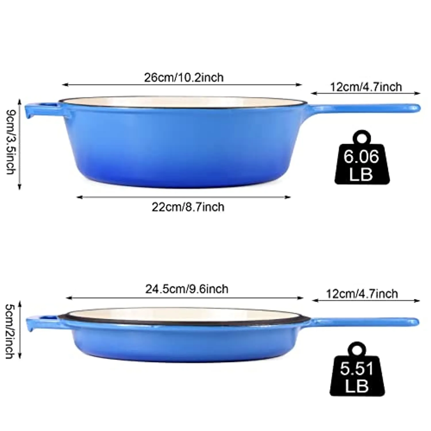 Suteck Enameled Cast Iron 2-In-1 Skillet Set, Heavy Duty 3.2 Quart Enamel Cookware Pot and Lid Set, Deep Saucepan and Shallow Skillet Dutch Oven Nonstick Frying Pan for Chef Kitchen (Blue)