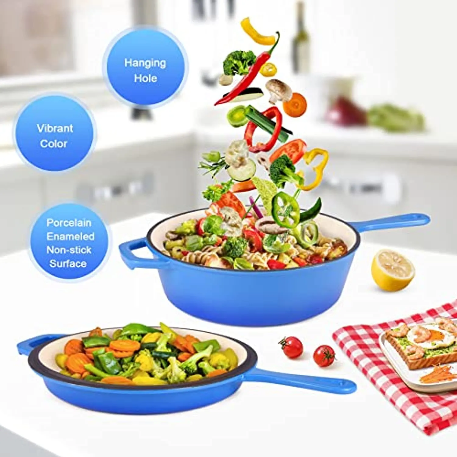Suteck Enameled Cast Iron 2-In-1 Skillet Set, Heavy Duty 3.2 Quart Enamel Cookware Pot and Lid Set, Deep Saucepan and Shallow Skillet Dutch Oven Nonstick Frying Pan for Chef Kitchen (Blue)