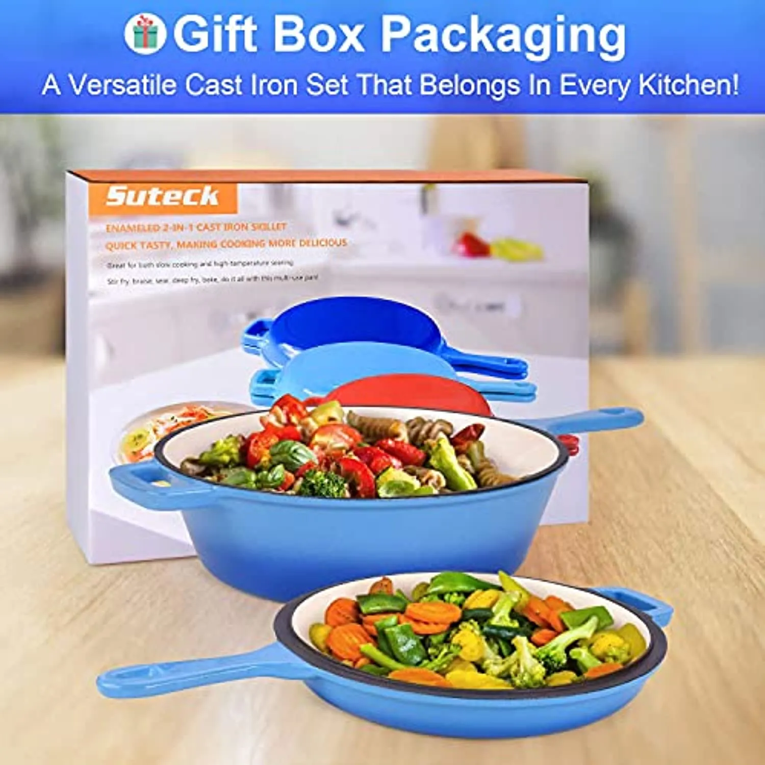 Suteck Enameled Cast Iron 2-In-1 Skillet Set, Heavy Duty 3.2 Quart Enamel Cookware Pot and Lid Set, Deep Saucepan and Shallow Skillet Dutch Oven Nonstick Frying Pan for Chef Kitchen (Blue)