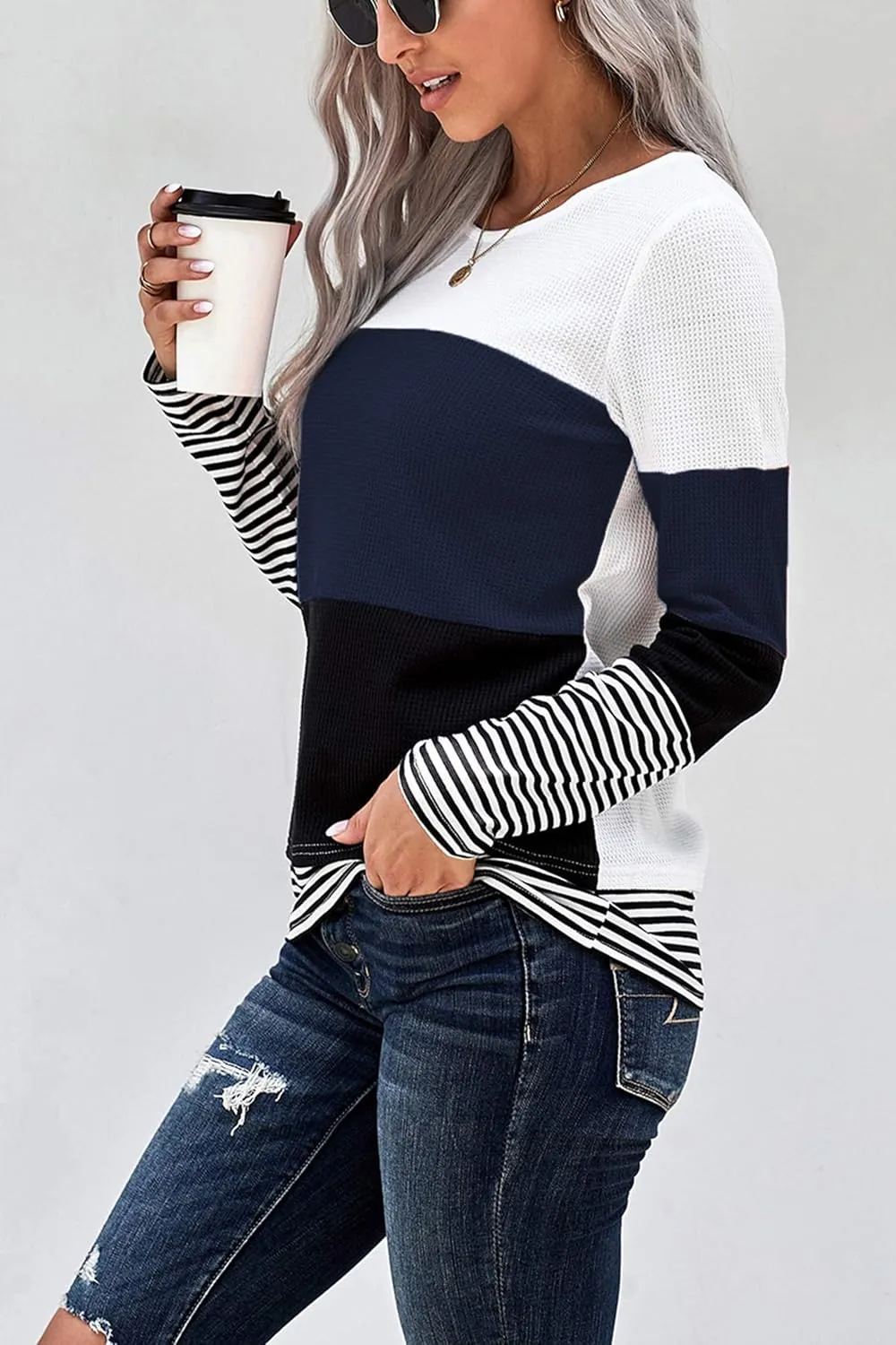 SWEET POISON Womens Lightweight Color Block Shirts Long Sleeve Pullover Tunics Tops(S-2XL)