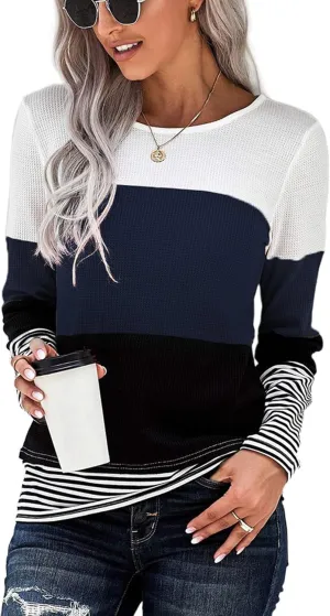 SWEET POISON Womens Lightweight Color Block Shirts Long Sleeve Pullover Tunics Tops(S-2XL)