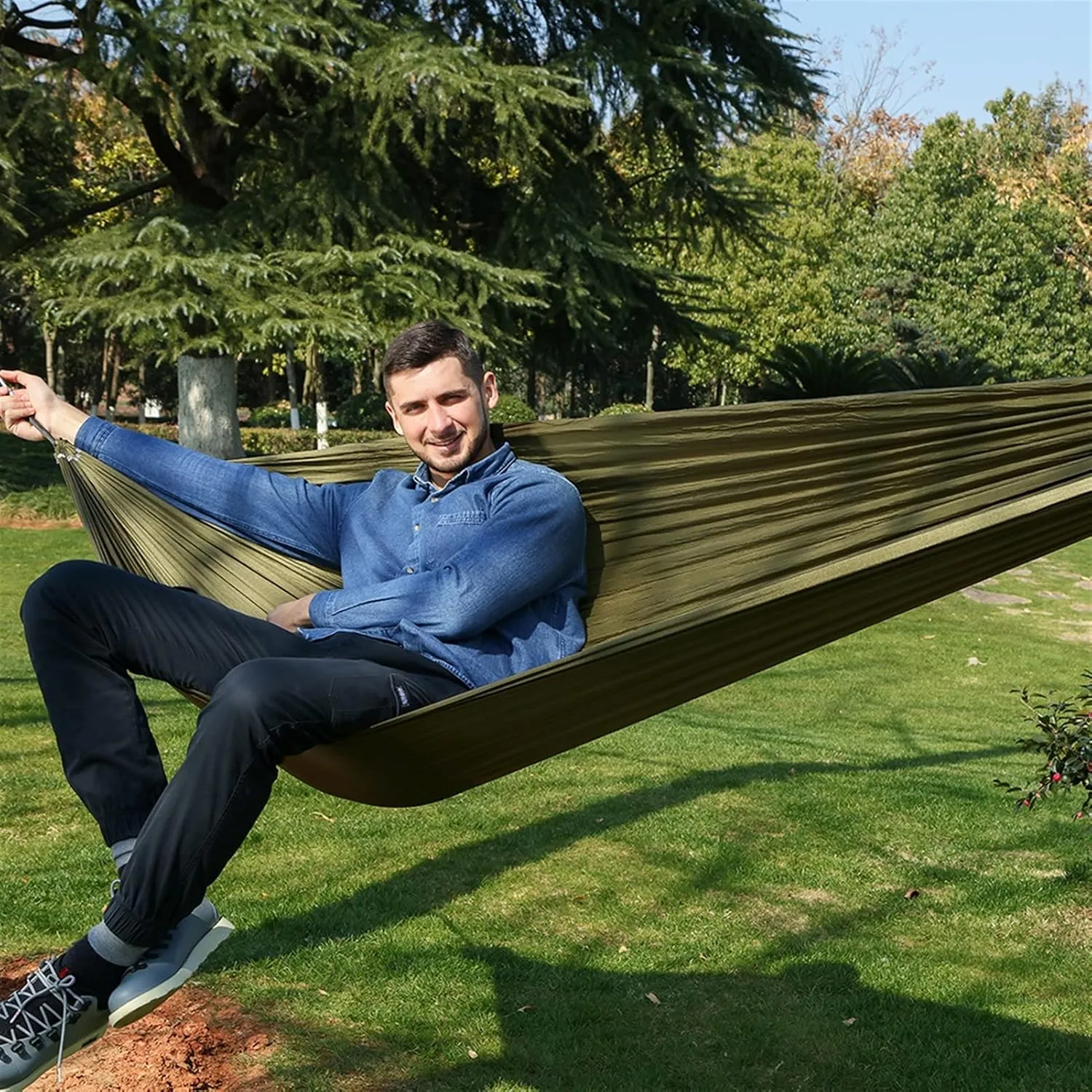 Swing Set Camping Hammock, Nylon Hammock, Portable Lightweight Parachute Hammock With Tree Straps for Backpacking Camping Travel Beach Garden Outdoor Camping Gear Swing Seat ( Color : Blue gray )