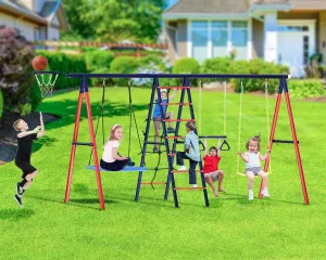 Swing Sets for Backyard, 6 in 1 Toddler Swingset Outdoor for Backyard for Kids 3-12, Heavy Duty Metal Swing Sets with 2 Swings Climbing Ladder and Nets, Trapeze Bar, Basketball Hoop