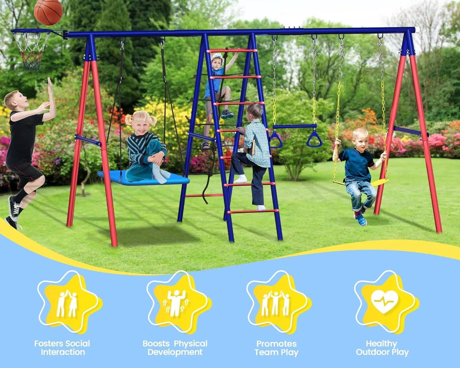 Swing Sets for Backyard, 6 in 1 Toddler Swingset Outdoor for Backyard for Kids 3-12, Heavy Duty Metal Swing Sets with 2 Swings Climbing Ladder and Nets, Trapeze Bar, Basketball Hoop