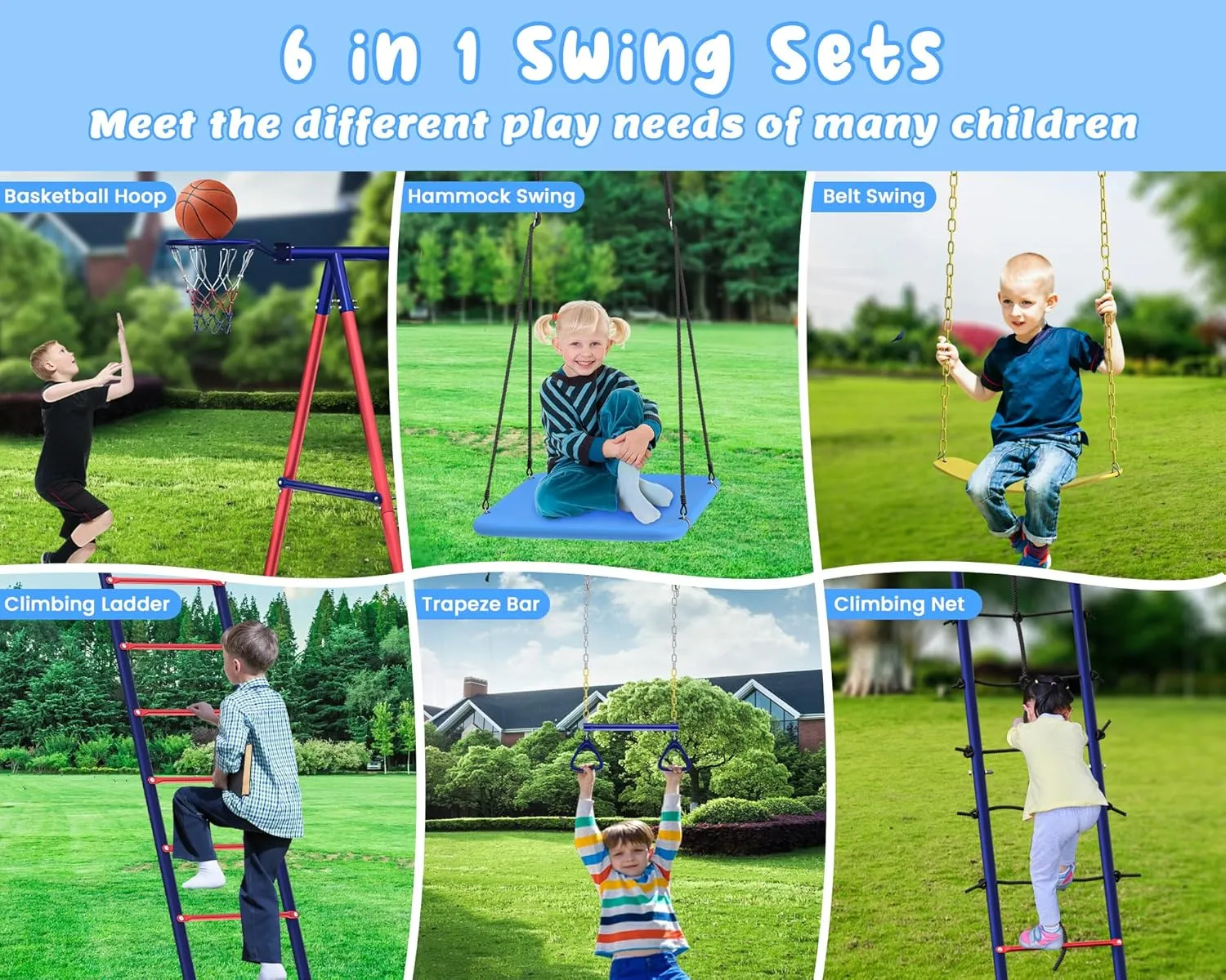 Swing Sets for Backyard, 6 in 1 Toddler Swingset Outdoor for Backyard for Kids 3-12, Heavy Duty Metal Swing Sets with 2 Swings Climbing Ladder and Nets, Trapeze Bar, Basketball Hoop