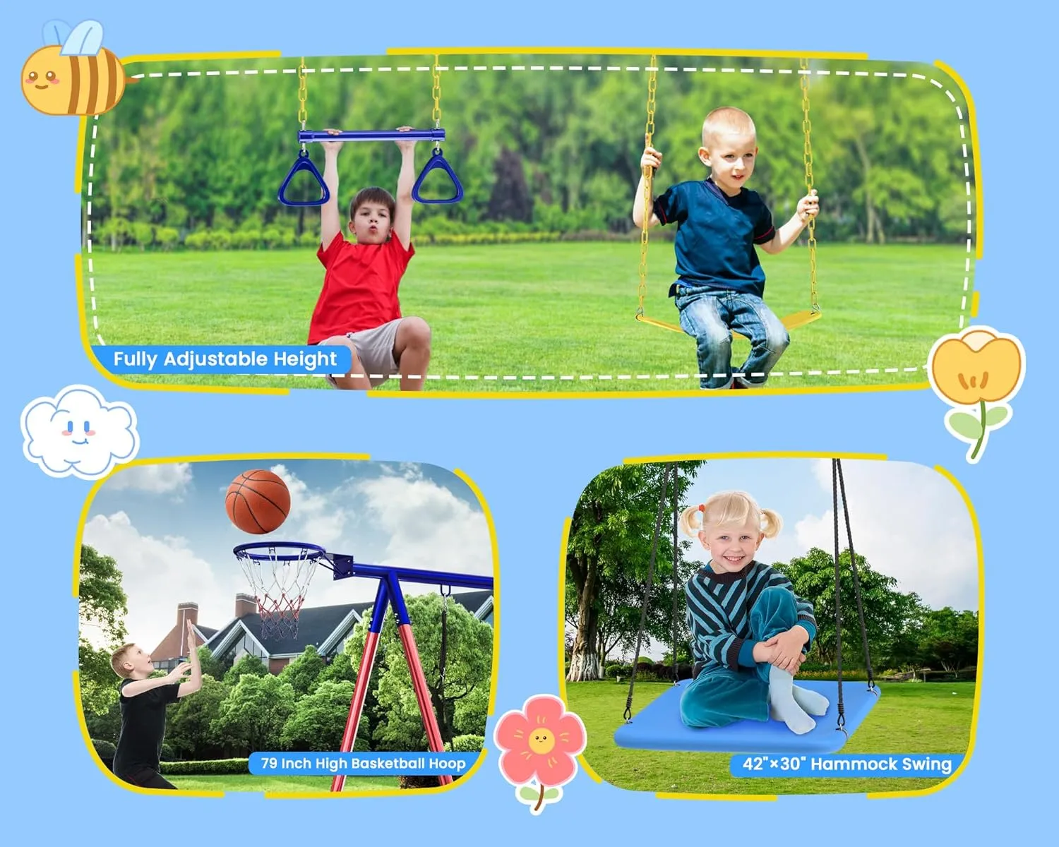 Swing Sets for Backyard, 6 in 1 Toddler Swingset Outdoor for Backyard for Kids 3-12, Heavy Duty Metal Swing Sets with 2 Swings Climbing Ladder and Nets, Trapeze Bar, Basketball Hoop