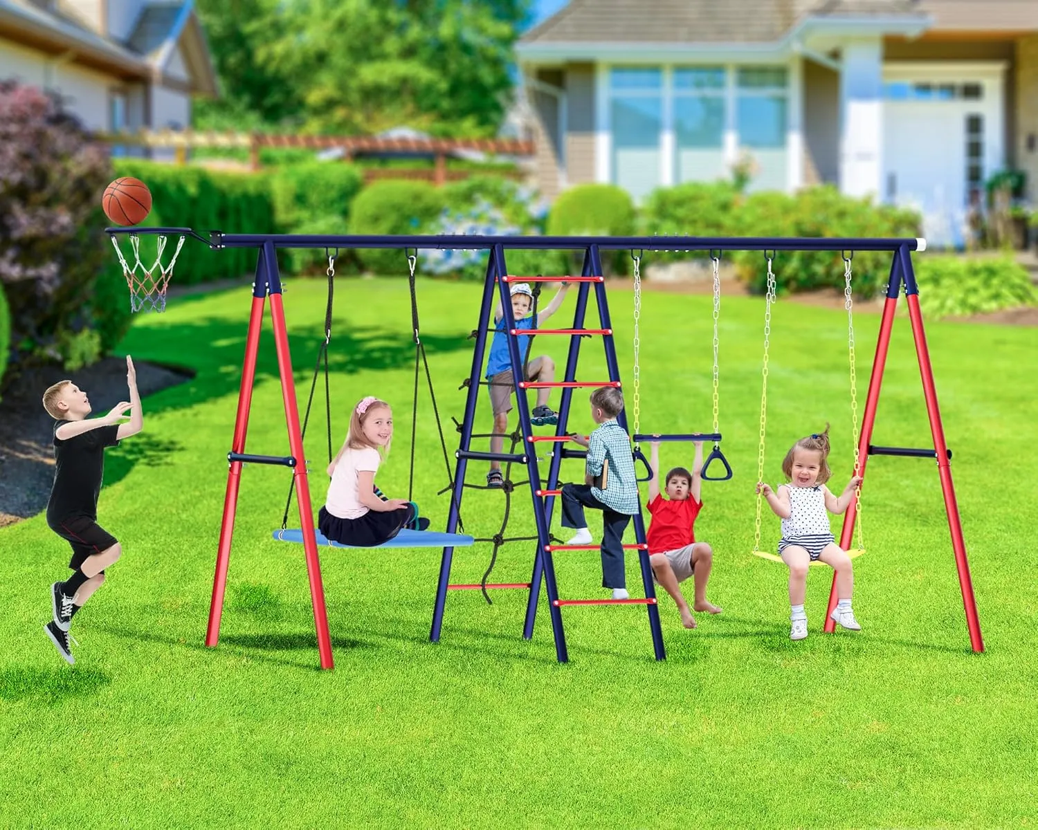 Swing Sets for Backyard, 6 in 1 Toddler Swingset Outdoor for Backyard for Kids 3-12, Heavy Duty Metal Swing Sets with 2 Swings Climbing Ladder and Nets, Trapeze Bar, Basketball Hoop
