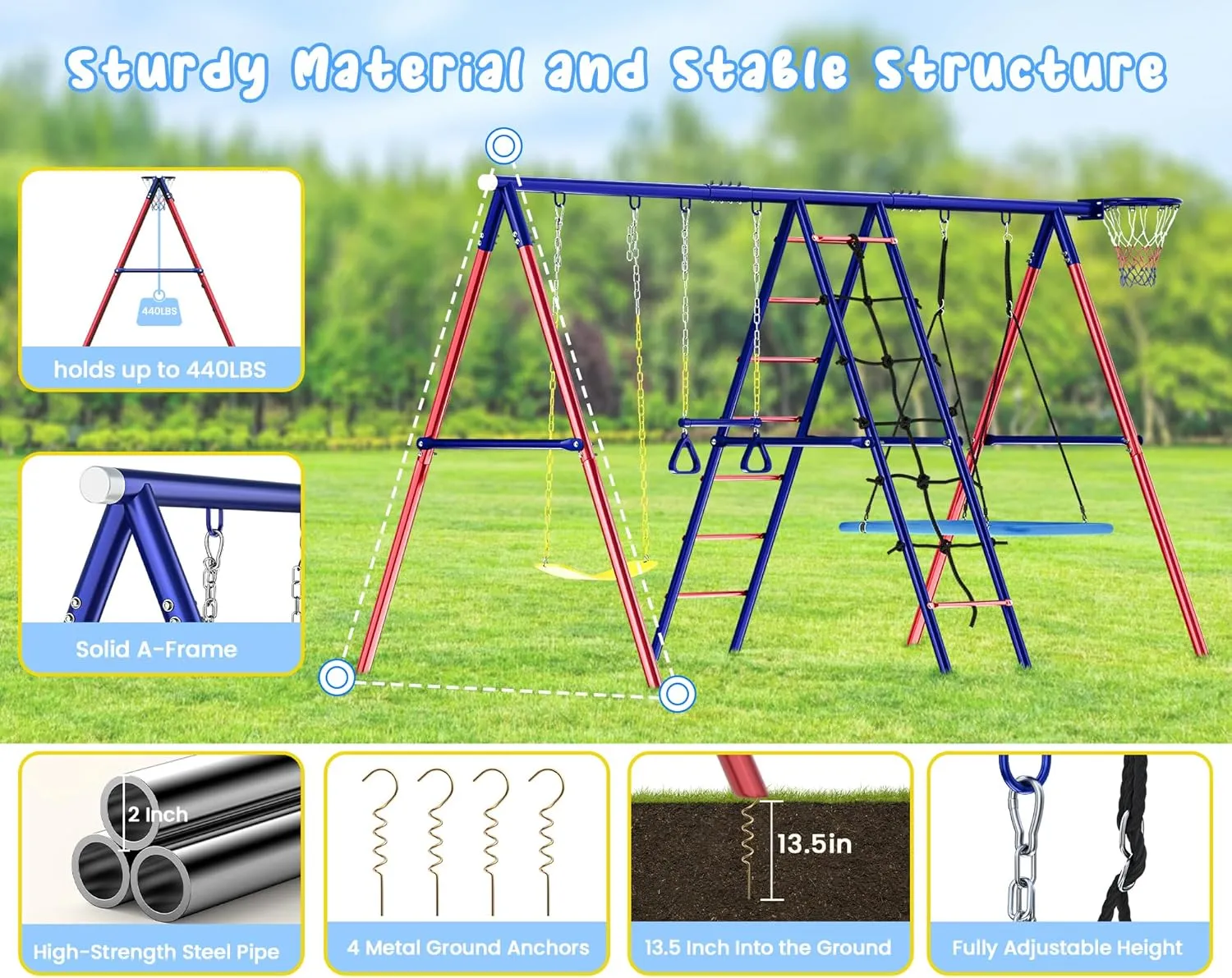 Swing Sets for Backyard, 6 in 1 Toddler Swingset Outdoor for Backyard for Kids 3-12, Heavy Duty Metal Swing Sets with 2 Swings Climbing Ladder and Nets, Trapeze Bar, Basketball Hoop