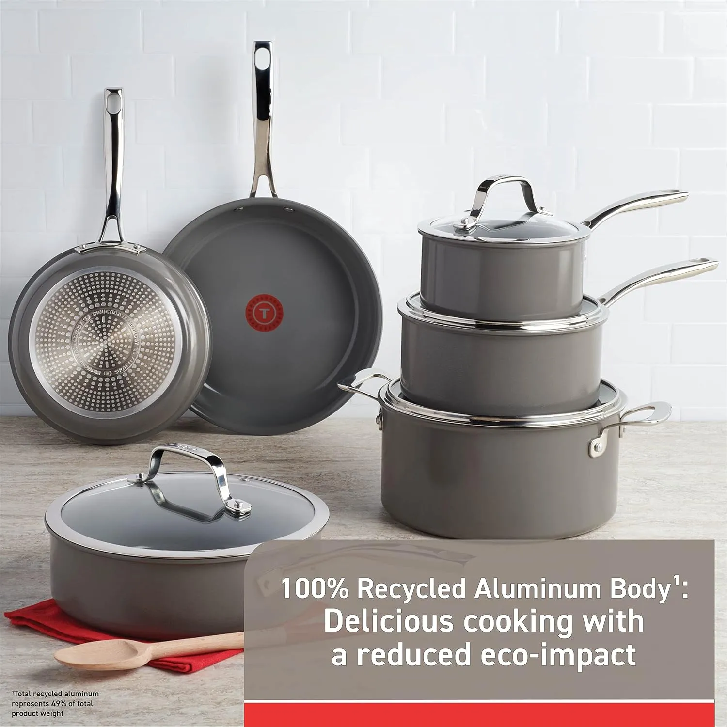 T-fal Ceramic Excellence Reserve Ceramic Nonstick Cookware Set 10 Piece Induction Oven Broiler Safe 500F Pots and Pans Grey