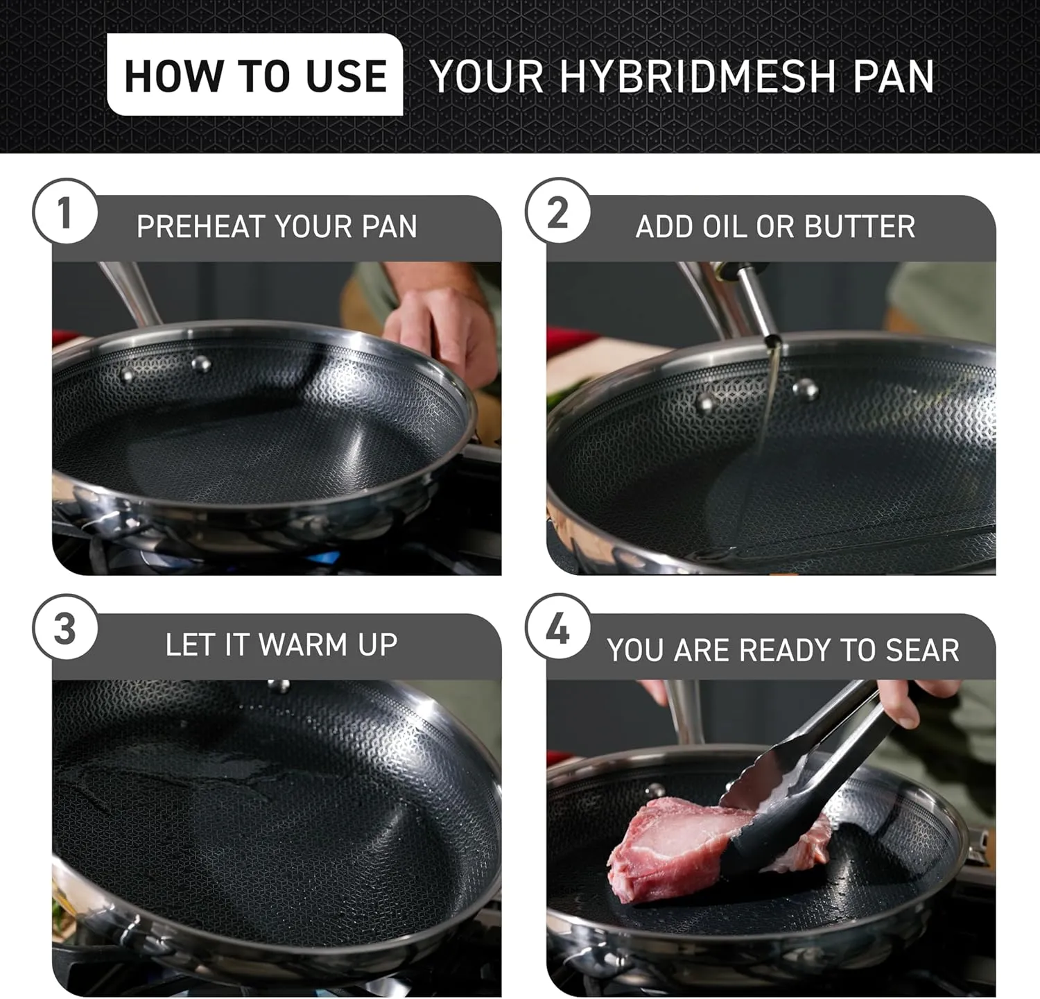 T-fal HybridMesh Tri-Ply Stainless Steel 3 Piece Cookware Set, 8, 10.25, and 12 Inch, Induction Oven Safe 500F, Metal Utensil Safe, Platinum Non Stick, Pots and Pans Set, Dishwasher Safe, Silver/Black