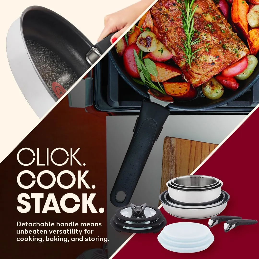 T-fal Ingenio Expertise Stainless Steel Cookware Set 13 Piece, Induction, Stackable Cookware, Pots and Pans Set, RV, Camping, Kitchen Fry Pans, Dishwasher Safe, Detachable/Removable Handle, Silver