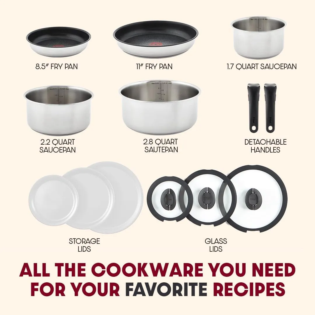 T-fal Ingenio Expertise Stainless Steel Cookware Set 13 Piece, Induction, Stackable Cookware, Pots and Pans Set, RV, Camping, Kitchen Fry Pans, Dishwasher Safe, Detachable/Removable Handle, Silver