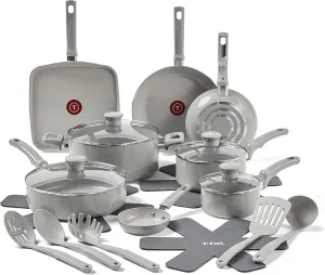 T-Fal Refresh Ceramic Nonstick Cookware Set, 20-Piece, Made without PFOA and PTFE, Oven and Broiler Safe up to 350°F, Includes Stockpot, Griddle, Frying Pans, and Utensils, Pots and Pans, Moon Grey