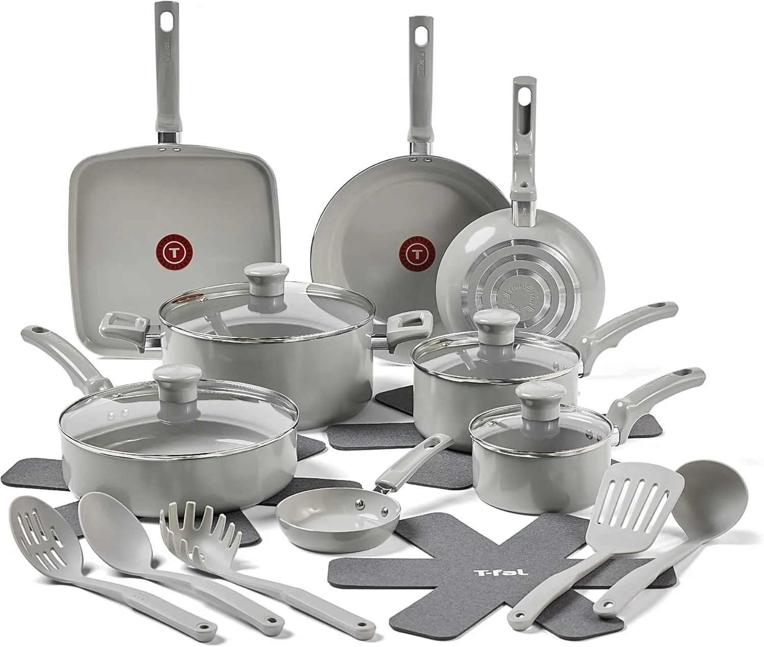 T-Fal Refresh Ceramic Nonstick Cookware Set, 20-Piece, Made without PFOA and PTFE, Oven and Broiler Safe up to 350°F, Includes Stockpot, Griddle, Frying Pans, and Utensils, Pots and Pans, Moon Grey