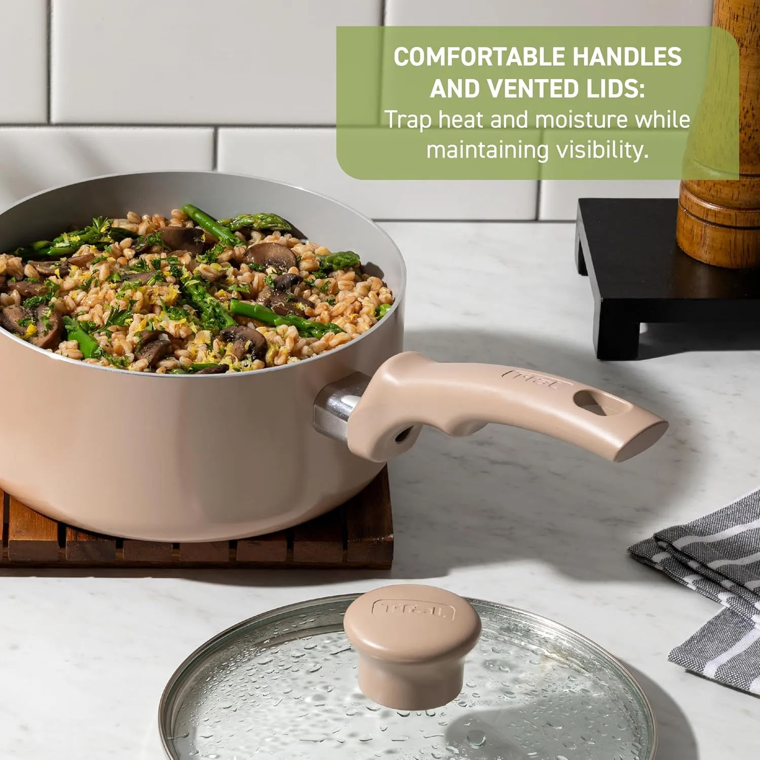 T-Fal Refresh Ceramic Nonstick Cookware Set, 20-Piece, Made without PFOA and PTFE, Oven and Broiler Safe up to 350°F, Includes Stockpot, Griddle, Frying Pans, and Utensils, Pots and Pans, Moon Grey