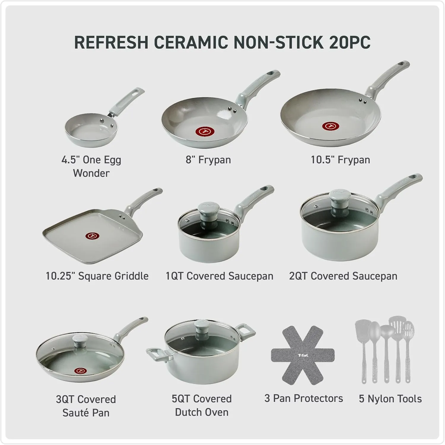 T-Fal Refresh Ceramic Nonstick Cookware Set, 20-Piece, Made without PFOA and PTFE, Oven and Broiler Safe up to 350°F, Includes Stockpot, Griddle, Frying Pans, and Utensils, Pots and Pans, Moon Grey