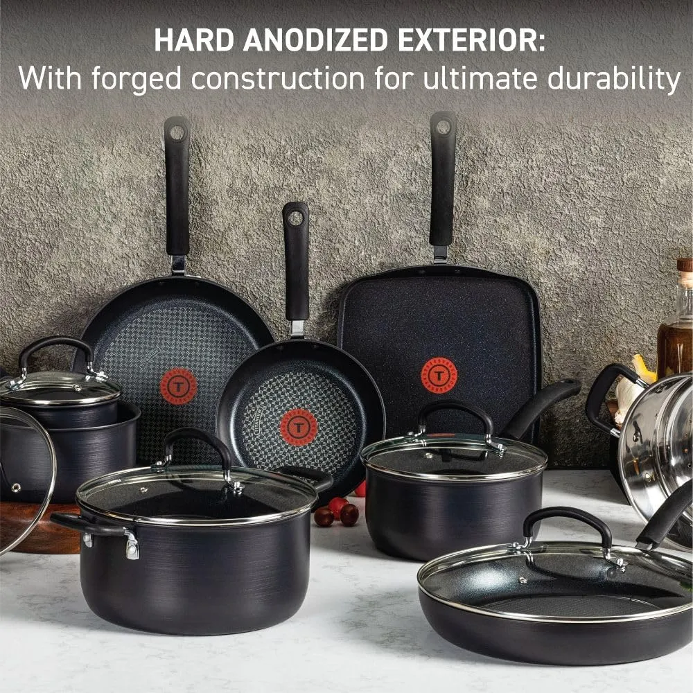 T-fal Ultimate Hard Anodized Nonstick Cookware Set 12 Piece, Oven Broiler Safe 400F, Lid Safe 350F, Kitchen Cooking Set w/Fry Pans, Saucepans, Dutch Oven, Pots and Pans, Dishwasher Safe, Black