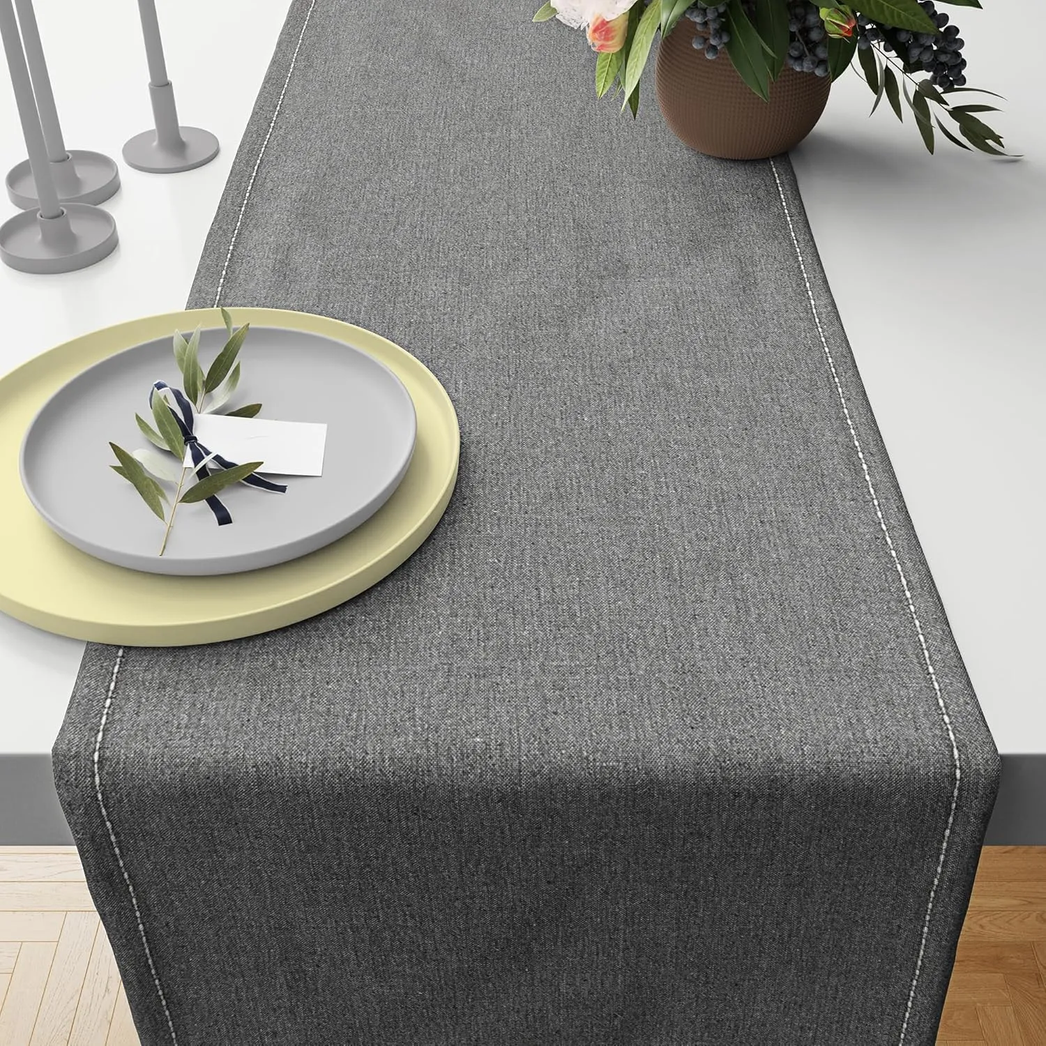 Table Runner – 15x72 Inches, 100% Cotton, Washable Decorative Kitchen & Dining Table Cover, Perfect for Home, Parties & Special Occasions, Chambray Grey