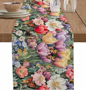 Table Runners-72 Inch Long,Watercolor Tulips Lavender Peony Butterfly Linen Dresser Scarves Dining Table Runner Summer Rustic Garden Tabletop Scarf for Home Kitchen Holiday Party Decor